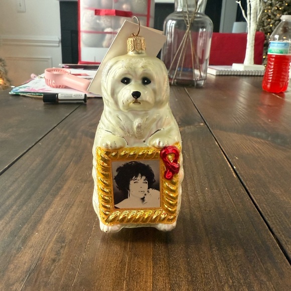 VTG Liz Elizabeth Taylor Red Ribbon Frame Radko Glass Dog Christmas Ornaments - Picture 1 of 2
